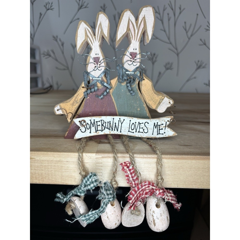 Handmade Rustic Wood Bunny Figurine "Somebunny Loves Me" Granny & Cottage Core